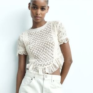 Zara Cream Crochet Ruffle Hem Short Sleeve Sweater
